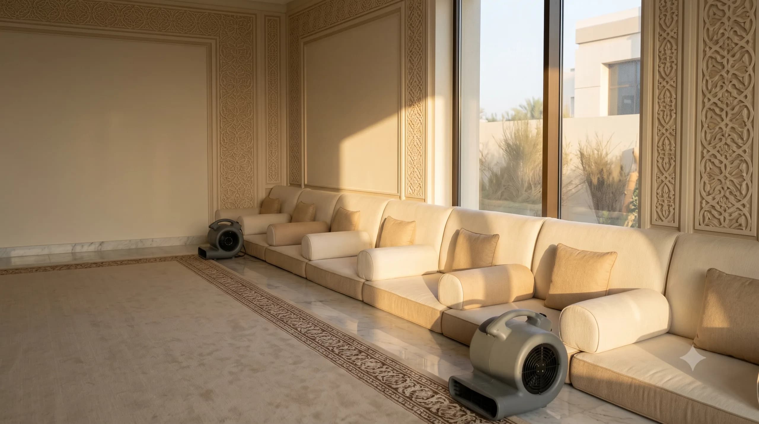 Freshly cleaned and sanitised majlis floor seating drying in a sunlit villa room